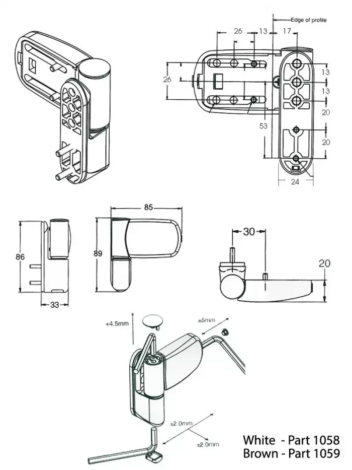 Avocet WMS Mini Triad MT3D uPVC Flag Door Hinge in White or Brown - Image 4